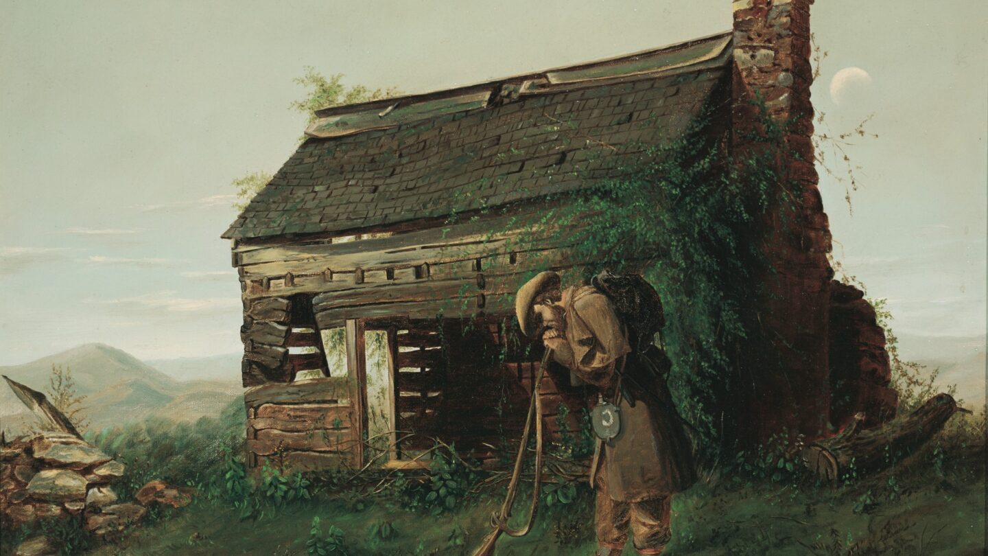 The Lost Cause (1869), a painting by Henry Mosler, depicts a weary Confederate soldier standing beside a neglected cabin that represents the destruction of the South in the Civil War and the loss of traditional Southern culture. Morris Museum of Art