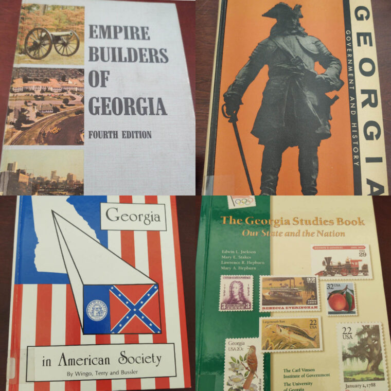 A collage of Georgia history textbooks from various decades